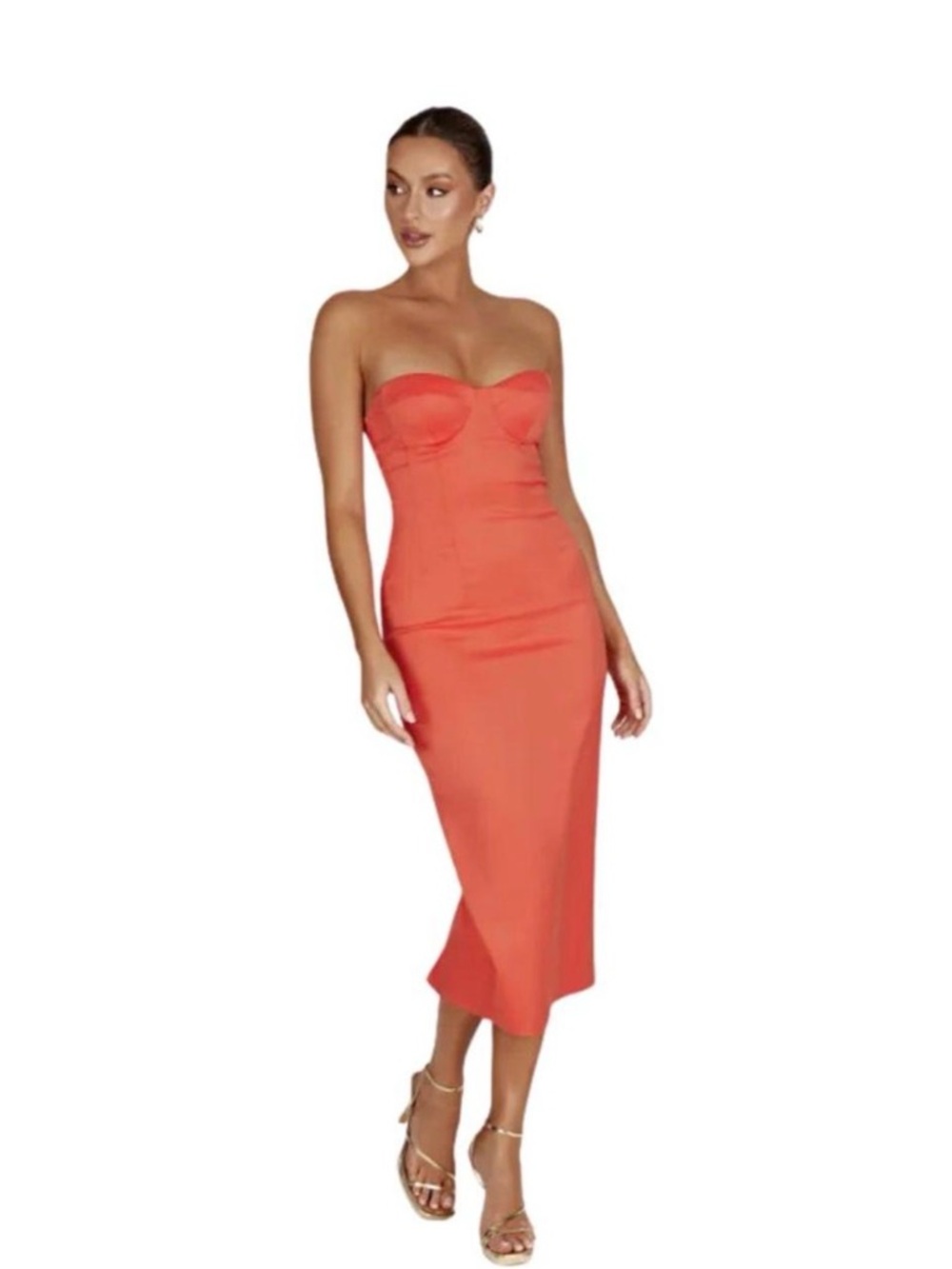Meshki Strapless Coral-Orange Midi Dress